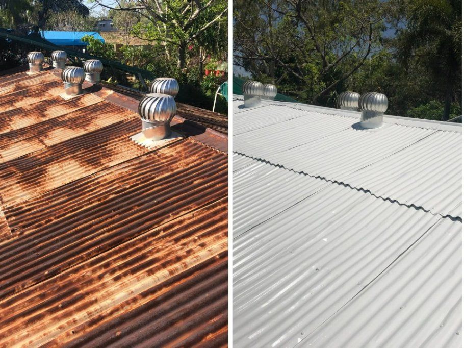 A before and after picture of a rusty roof and a freshly painted white roof