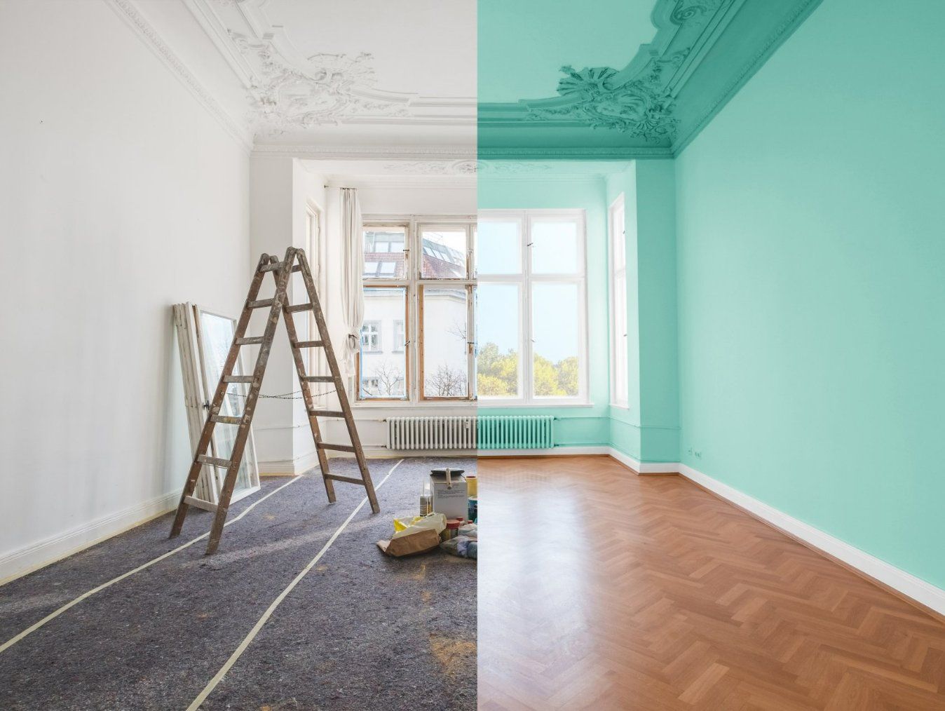 A before and after picture of a room being painted